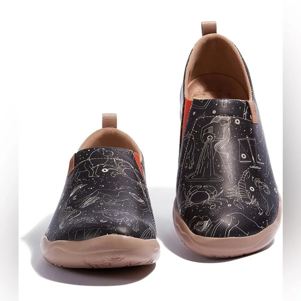 UIN Black Zodiac Constellation Slip-On Loafers with Tan Accents